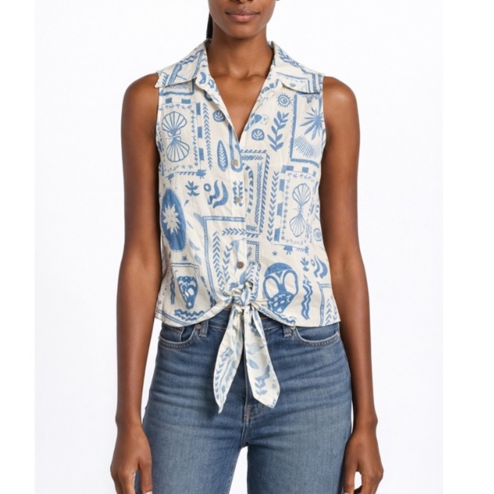Calypso St. Barth Blue White Print Linen Tie Front Blouse Shirt Size L
